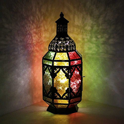 albena shop orientalische Laterne aus Metall/Glas 45cm Laternen für Teelicht, Kerzen, Dekorative Laterne für Herbst und Winter, Windlicht hängend und stehend (45cm mit LED Lichterkette)