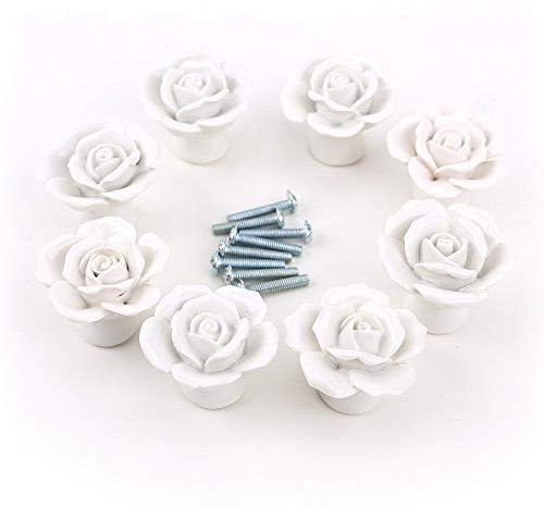 FABSELLER 8pcs Ceramic Vintage Rose Flower Floral Knobs Door Handle Pull with Screw for Cabinet Drawer Door Cupboard Wardrobe Locker Closet (White)