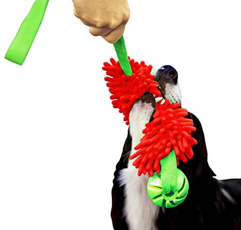 DINGO Floatable Tug Toy with a Flavoured Ball and Bungee Handle, Handmade Dog Chaser for Play, Tug of War, Agility, Fetch, Water Training, Microfiber Red 15588-2