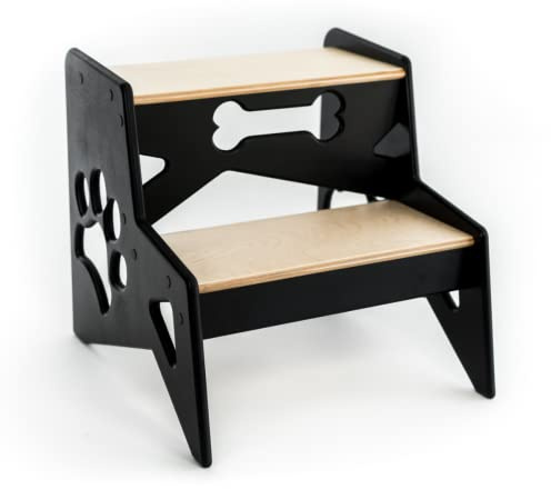 Escabeau en Bois pour Enfants Petit Deux marches Adulte escabeau Enfant à Utiliser dans la Cuisine, la Salle de Bain ou Tout Autre Endroit, Peut contenir jusqu'à 100 kg (Noir with Dog)
