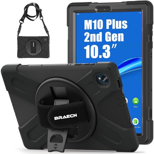 BRAECN Hülle für Lenovo Tab M10 FHD Plus 2. Gen 2020 10.3 Zoll (TB-X606F/X606X)/K10 2021 (TB-X6C6), Robuste Stoßfeste Tragbare Schutzhülle mit 360°Drehbarer Handgurt und Ständer, Schultergurt, Schwarz