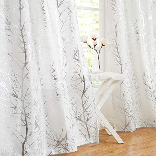 Fmfunctex White Silver Semi Sheer Curtains for Bedroom 72 Drop Voile Curtain for Living Room Branch Foil Eyelet Curtains Linen Textured Light Filtering Window Curtain Drapes for Dining Room 2 Panels