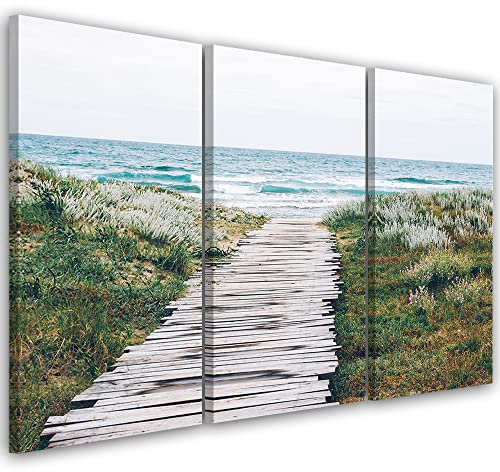Feeby 3-teilig Leinwandbild XXL 120x80 cm Himmel Wellen Meer Strand Wandbild Kunst Bilder Schlafzimmer Deko Wohnzimmer Wolken Steg Gras Grün