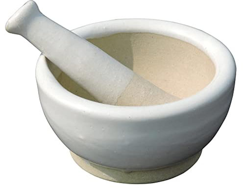 Mortier et pilon en porcelaine - Broyeur de pilules, moulin à épices, bol à herbes, poudre de pesto - Avec base antidérapante et poignée