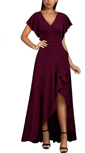 MIUSOL Women's Elegant V-Neck Ruffle Short Flutter Sleeves Empire Waist Split Evening Party Long Dress (Medium, Burgundy)