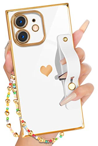 Petitian iPhone 12 Quadratische Handyhülle, Loopy Stand/Strap, Luxus Niedlich Frauen Mädchen Herz Galvanisiert Designer Quadratische Kante, Weiß