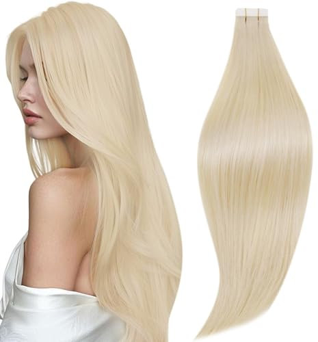 RUNATURE Echthaar Tape Extensions Blond Lang Menschliches Haar Unsichtbare Tape Extensions Echthaar 70 cm Lang 50g Blond Gerade Echthaar Extensions Tape 20 Stück Farbe #60