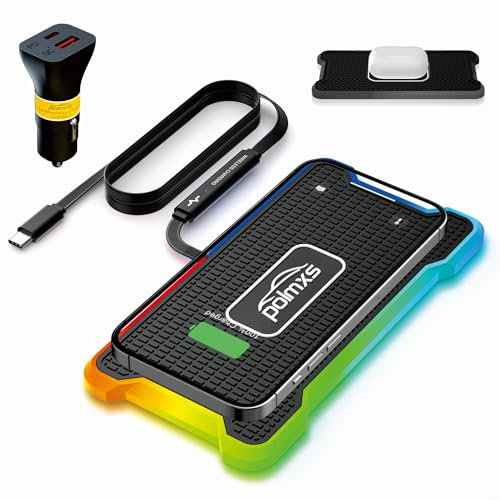 Polmxs Wireless Charging Pad for Car, 15W RGB Wireless Car Charger Pad Non Slip Wireless Charger for Car with 40W USB C Car Charger for iPhone 15 14 13 12 Pro Max, Samsung Galaxy S24/S23 (1M Cable)