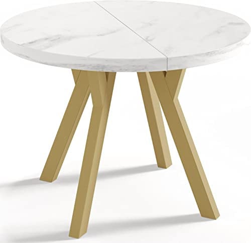 Designer Runder Ausziehbarer Esstisch in Weißer Marmoroptik - Loft-Stil, Industriell, Platzsparend - Goldene Beine - 100 bis 150 cm - für 6-8 Personen - Hergestellt in EU - Marmor Weiß - 150 cm