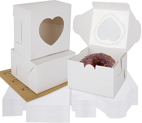 CYEER 100 Pack Cake Box, 4 Inch Small Cake Boxes with Window, White Cupcake Boxes Individual Bakery Boxes Cookie Box Brownie Boxes with Stickers for Cupcakes Cookie Donuts, 10x10x6.5cm