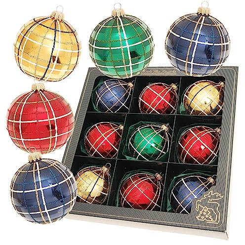 Krebs Glas Lauscha - Weihnachtsdekoration/Christbaumschmuck aus Glas - Weihnachtskugeln - Farbe: Gold, Grün, Rot, Dunkelblau - Motiv: Karo - Inhalt: 9 Stück - Größe: 8 cm