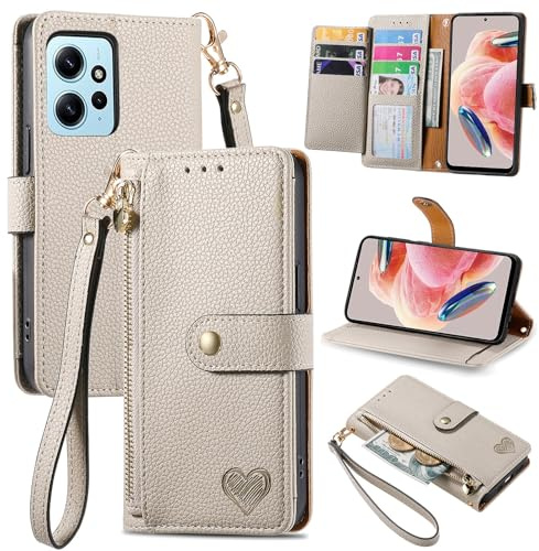VEEMOS Handyhülle für Xiaomi Redmi Note 12 4G Hülle Klappbar Klapphülle Schutzhülle mit Kartenfach RFID Reißverschluss Handy Tasche Leder Flip Case Cover Handytasche Frauen - Grau