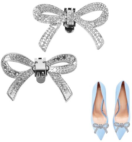 RUNEAY Schuhclips Damen,2 Stück Schleife Schuhclips Strass Schuhschmuck Schnalle Kann Zerlegen Elegante Schuhe Dekoration für Frauen Braut Hochzeit Prom Party zur Arbeit Pendeln,Silber