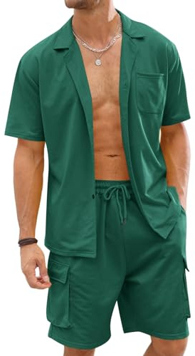 Fastkoala Homme Ensemble Sets Ete Tenues Survêtement Costumes Plage Vacances Bouton Lapel Chemises et Shorts 2 Pcs Vert XL