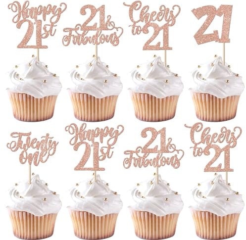 SYKYCTCY 30 Pack 21st Birthday Cupcake Toppers Glitter Twenty-one Cheers to 21 Fabulous Cupcake Picks Happy 21st Birthday Cupcake Decorations Anniversary Party Supplies Rosegold
