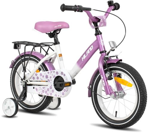 HILAND Lila 12 Zoll Kinderfahrrad für Mädchen 3,4,5 Jahre mit Stützräder Handbremse Rücktrittbremse Gepäckträger