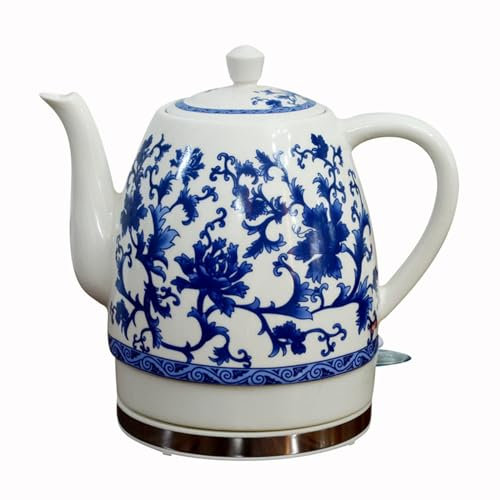Blue and White Porcelain Kettle Teapot 1.5L - Electric Ceramic Cordless Jug Boils Water Fast for Tea Coffee Soup Oatmeal - Kitchen Appliance