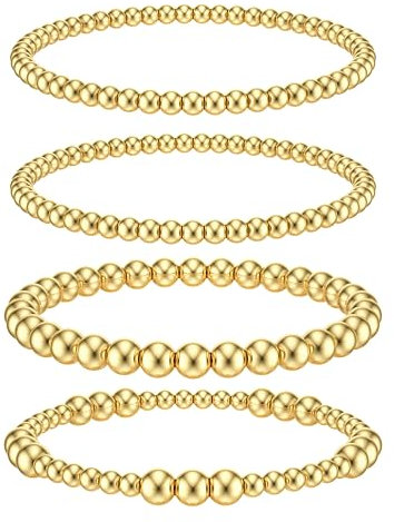 Dochais 4PCS Gold Bead Armbänder, EinstellbareStapelbar Armband Set,Stretch Goldperlen Armbänder Hypoallergene, 14K Karat Vergoldet, Gold Armbänder für Damen und Herren