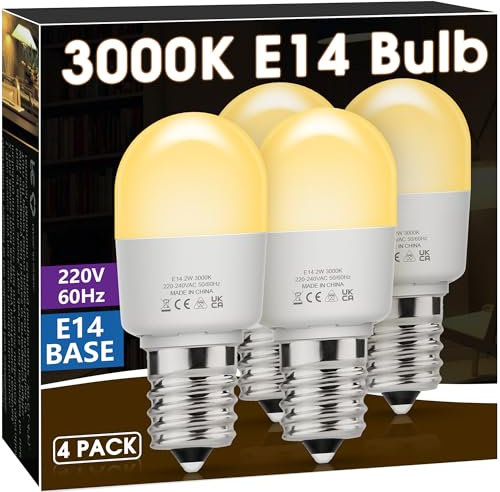 Briignite E14 LED Light Bulb, 4Pack Refrigerator Bulb, 2W SES E14 Mini LED Bulbs(Equivalent to 20W-25W), 3000K Warm White, 200LM, Non-Dimmable, Suitable for Fridges, Freezers, Small Edison Screw Base