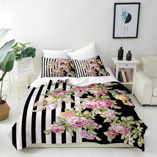 ANHOPE Schwarz Weiß Streifen Blume Bettwäsche Set Weich Microfaser Bettbezüge mit Reißverschluss 3 Teilig Bettbezug 155x220 cm & 2 Kissenbezug 80x80 cm Bettdeckenbezug Set für Kinder Mädchen
