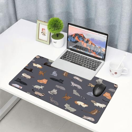EYLOZS Alfombrilla de ratón extendida con Bordes cosidos,Gatos Divertidos de Varias Razas.,Base de Goma Antideslizante y Almohadilla para Teclado,30x80 cm