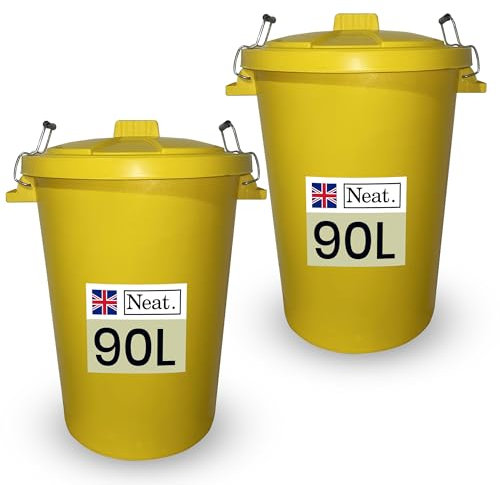 Neat. 90L Bin Coloured Large Plastic Bins, Heavy Duty Kitchen Bin with Metal Handle, Dustbin with Lid For Easy Refusal Garden Bin Indoor Outdoor Rubbish Waste or Storage of Animal Feed, Yellow-2Pack