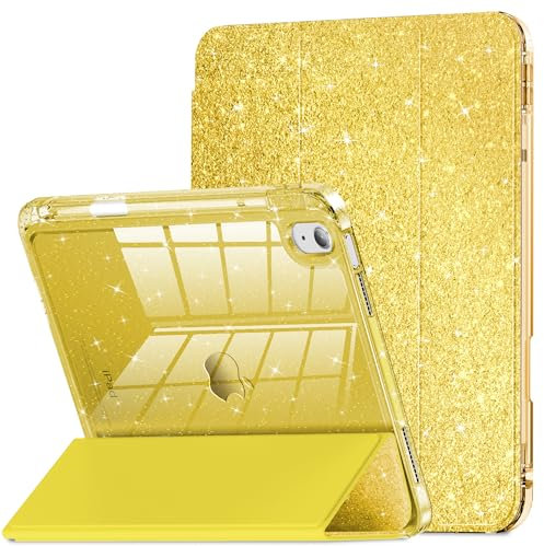 INFILAND Custodia per iPad 11 Generazione A16 11 Pollici 2025/iPad 10 Generazione 10,9 Pollici 2022,Glitterata con Retro Trasparente Brillante, Portapenne, per Bambini e Ragazze (Giallo dorato)