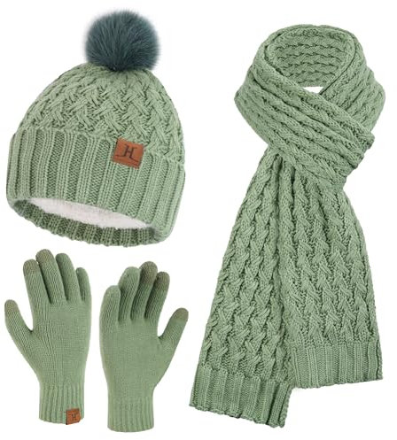 Winter Damen Mütze mit Bommel Lange Schal Touchscreen Handschuhe Set Warm Beanie Wintermütze Strickmütze Fleece Gefütterte Winterhandschuhe Schals für Damen Frauen Geschenk, Mintgrün