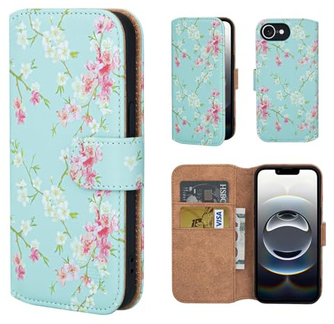 32nd Floral Series 3.0 - Design PU Leather Book Wallet Case Cover for iPhone 17e/16e, Flip Case With RFID Blocking Card Slots, Magnetic Closure and Built In Stand - Spring Blue