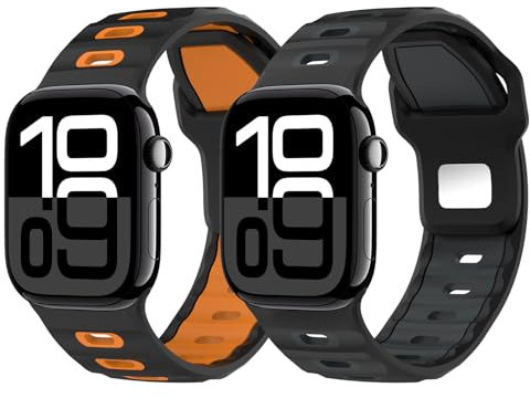 MoKo 2Pack Watch Band Compatible with Apple Watch Ultra 3/2/1 49mm,S11/S10 46mm,9/8/7 45mm,SE3/SE2/SE/6/5/4 44mm,3/2/1 42mm, Thickened Silicone Strap Sport Wristband, BlackOrange+BlackMT