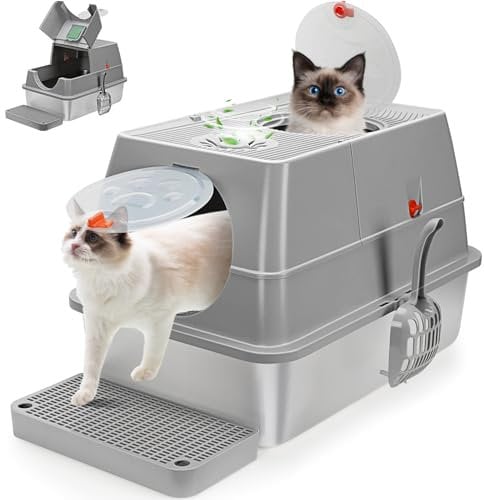 WANTRYAPET Stainless Steel Cat Litter Box with Lid, Covered Jumbo Dual Entrance Enclosed Big Cat Litter Box with Flip Door & Litter Scoop for Easy Cleaning