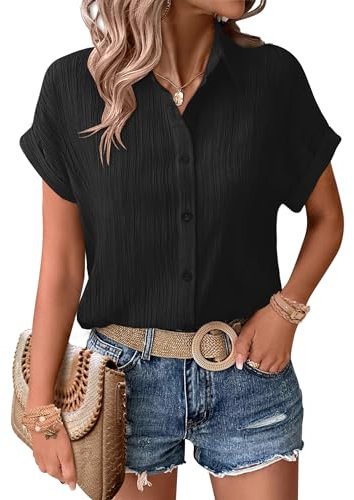 Zeagoo Women's Short Sleeve Shirt Casual Button Down Shirts Summer Tshirt Tops V Neck Blouses Loose Collared Oversize Tee Comfy Black-L