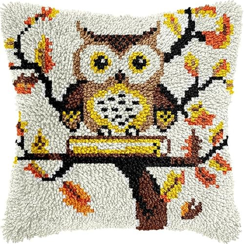 AxiangziK DIY knüpfen set erwachsene knüpfkissen,Eule auf einem Ast,Knüpfhaken-Kissen-Set,bedruckte Leinwand für Anfänger,Stickerei,Bastelkissen,17x17in