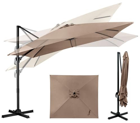 GOPLUS Parasol de Jardin Exterieur, Parasol Déporté 3x3M, avec Manivelle, 8 Baleines à Double Couche, Rotation à 360°, Anti-UV, Parasol Excentré Inclinable pour Balcon Terrasse, Café