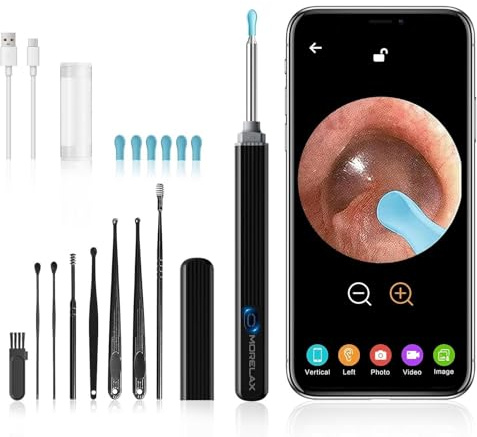 Morelax Ear Wax Removal Kit,WiFi 1080P with Camera Ear Wax Remover Tool | Wireless Ear Cleaner with 6 Ear Scoops ,Ear Wax Remover with 8 Pcs Ear Set,USB-C Rechargeable for iPhone iPad Android,Black
