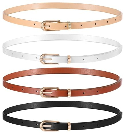 Wanmu 4 Pack Women Skinny Leather Belts for Jeans, Thin Waist Belt with Metal Buckle for Ladies, Dresses, Pants (39 Inches, White, Black, Cream Color, Coffee)