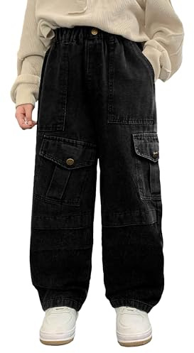 Happy Cherry - Vaqueros Cargo Niño Pantalones de Denim Holgados Pantalón de Mezclilla Ancho Algodón Estilo Callejero Jeans Vintage Infantil para Verano Primavera Otoño Invierno - 110-164