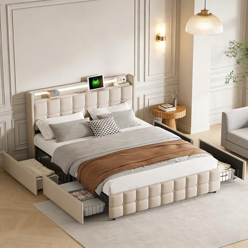 DULRLLY Bett 180x200 mit Lattenrost und Stauraum, LED Polsterbett Betten 180 x 200 mit 4 Schubladens und USB, Stauraumbett Funktionsbett Bettgestell für Jugendliche, Ohne Matratz,Linnen (Beige)