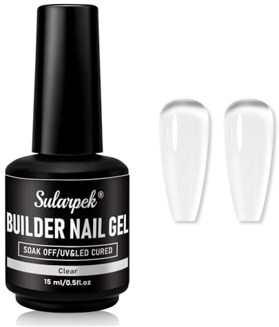 Sularpek 15ml Builder Gel for Nails, 8-in-1 Builder Gel, Long Lasting Nail Extension and Strengthener Hard Gel, UV LED Cured, Natural Look for Home Manicure and Salon DIY, Clear