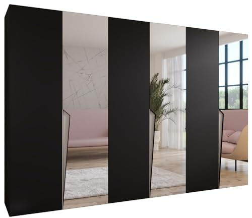 MEBLE KRYSPOL - Kleiderschrank - Garderobenschrank - 300 cm x 202 x 52 cm - Schrank mit Kleiderstange und Spiegel, 6 Türen - für Schlafzimmer, Flur - Piano, Schwarz, Griff Kaschmir