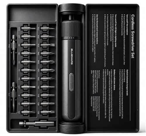 BlueMars 4V Cordless Electric Screwdriver Set, 8N.m High Torque with 4 Gear Settings, 2200mAh Battery, 1/4 Hex Chuck & Shaft Lock, 25-Piece S2 Steel Bits, Type-C Cable, for Furniture, Home Repair