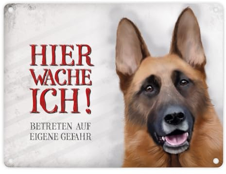 Metallschild mit Schäferhund Motiv und Spruch: Betreten auf eigene Gefahr - Hier wache ich!