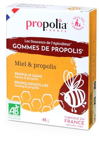 PROPOLIA - Bio - Gommes de Propolis & Miel - Apaise la gorge - Complément alimentaire - 100% naturel - Fabriquées en France - 45 g