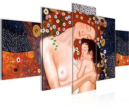 Runa Art Bild Wohnzimmer Gustav Klimt Mutter und Kind 5 Teilig Frau Braun Wandbilder auf Vlies Leinwand 700253a