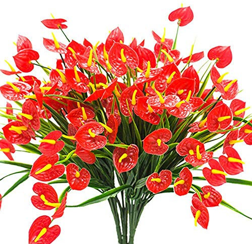 Gaoominy 4 Bouquets De Faux Fleurs Artificielles Plantes Faux Anthurium Plantes Arbustes en Plastique Buissons Verdure Interieur Exterieur Jardiniere A Suspendre Decorations pour La Maison