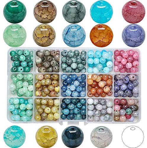 DIYARTS Cuentas de Cristal Crujientes Redondas de 15 Colores y 8 mm, 375 Piezas de Cuentas de Vidrio de Colores Mezclados para Pendientes, Collares, Anillos, Fabricación de Joyas