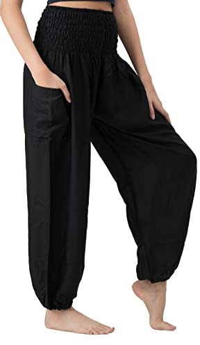 B BANGKOK PANTS Harem Pants Women Yoga Boho Clothes with Pocket (One Size, Black Classic)