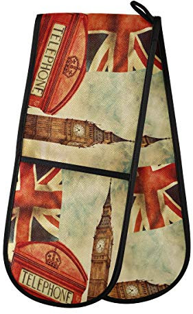HMZXZ RXYY Double Oven Glove London Big Ben Union Jack Heat Resistant Quilted Cotton Kitchen Oven Mitts Long Oven Gloves for Cooking Baking Grilling Handling Hot Pots Pans