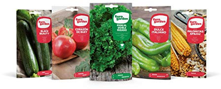 Eurogarden - Pack Semillas Primavera Verano. Surtido de 5 variedades de semillas para plantar en tu huerto. Perejil, tomate, calabacín, pimiento y maíz palomitas.