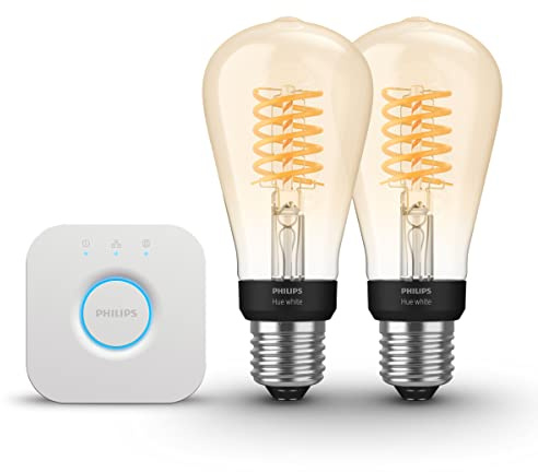 Philips Hue Starterpaket - E27 - mit 2 Filament Edison Glühbirnen Klein (ST64) - Warmweißes Licht - inkl. 1 Hue Bridge - Hue White Filament